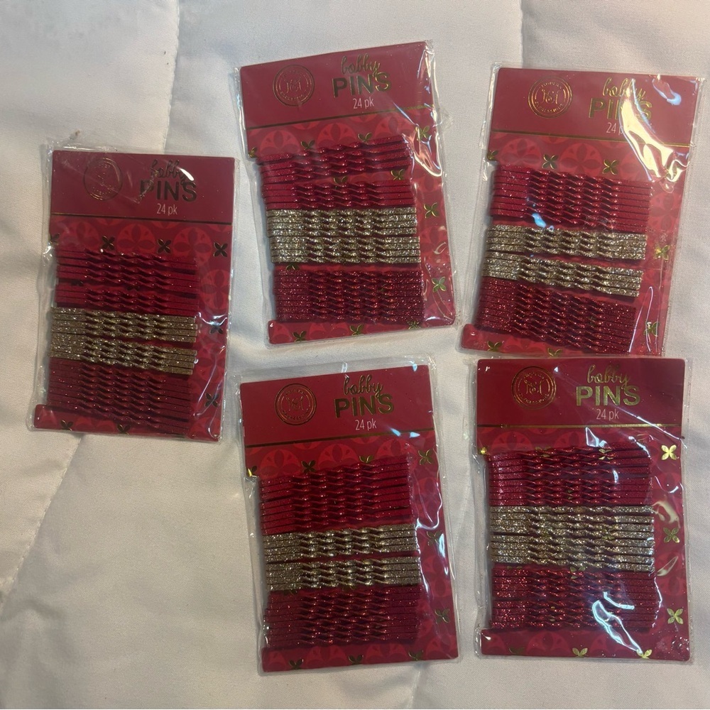5 Sets Bobby Pins Wavy Glitter Red/Gold-New- 14 In Each Pack